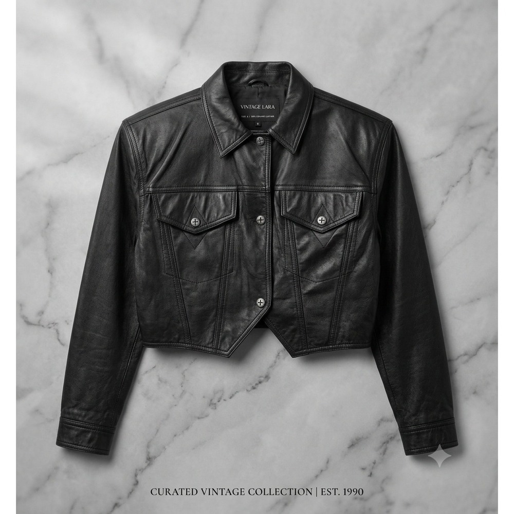 Winlit Vintage Black Genuine Leather Cropped Jacket Bow Back Detail Womens S